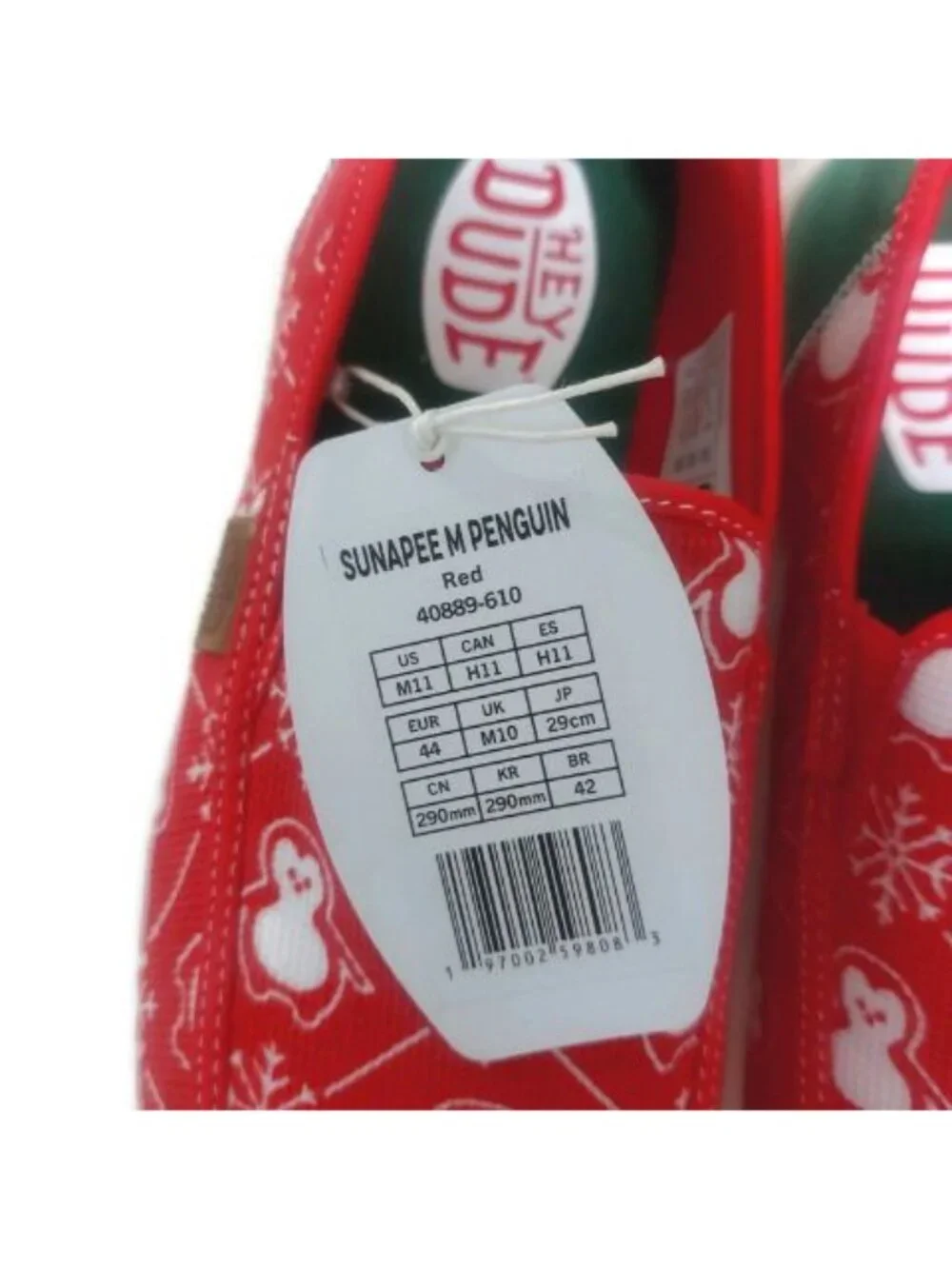 Hey Dude Sunapee Mens Size 11 Red White Penguin Casual Shoes Slip On Loafers Tee